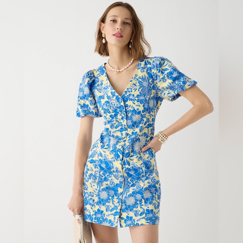J.Crew Button-front puff-sleeve mini dress in blue floral twill